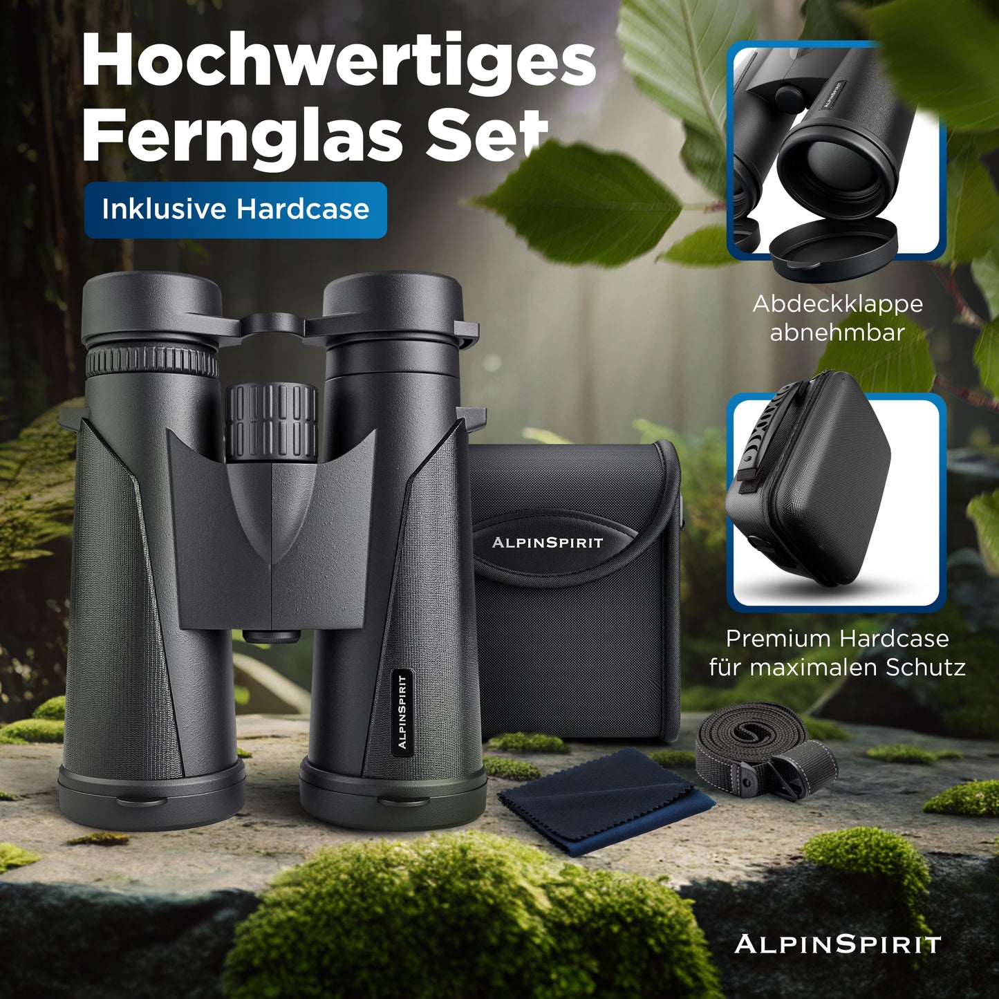 AlpinSpirit© Fernglas 10x42 inkl. Hardcase & Zubehör (Testsieger) - wasserabweisend,FMC+BAK4 - schwarz
