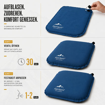 Sitzkissen Outdoor Aufblasbar Polyester [Packmaß & bis 5cm] Selbstaufblasend, Faltbar & Ultraleicht, 40x30 cm