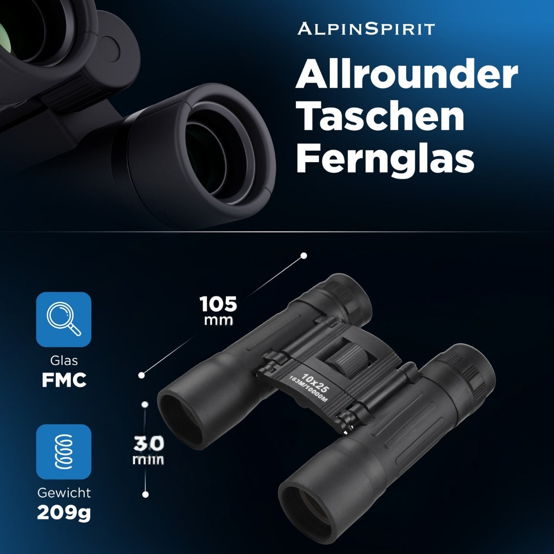 AlpinSpirit Fernglas 10x25 - leicht & kompakt - [EXTREM KLEIN] - TESTSIEGER - Mini Fernglas,für Brillenträger