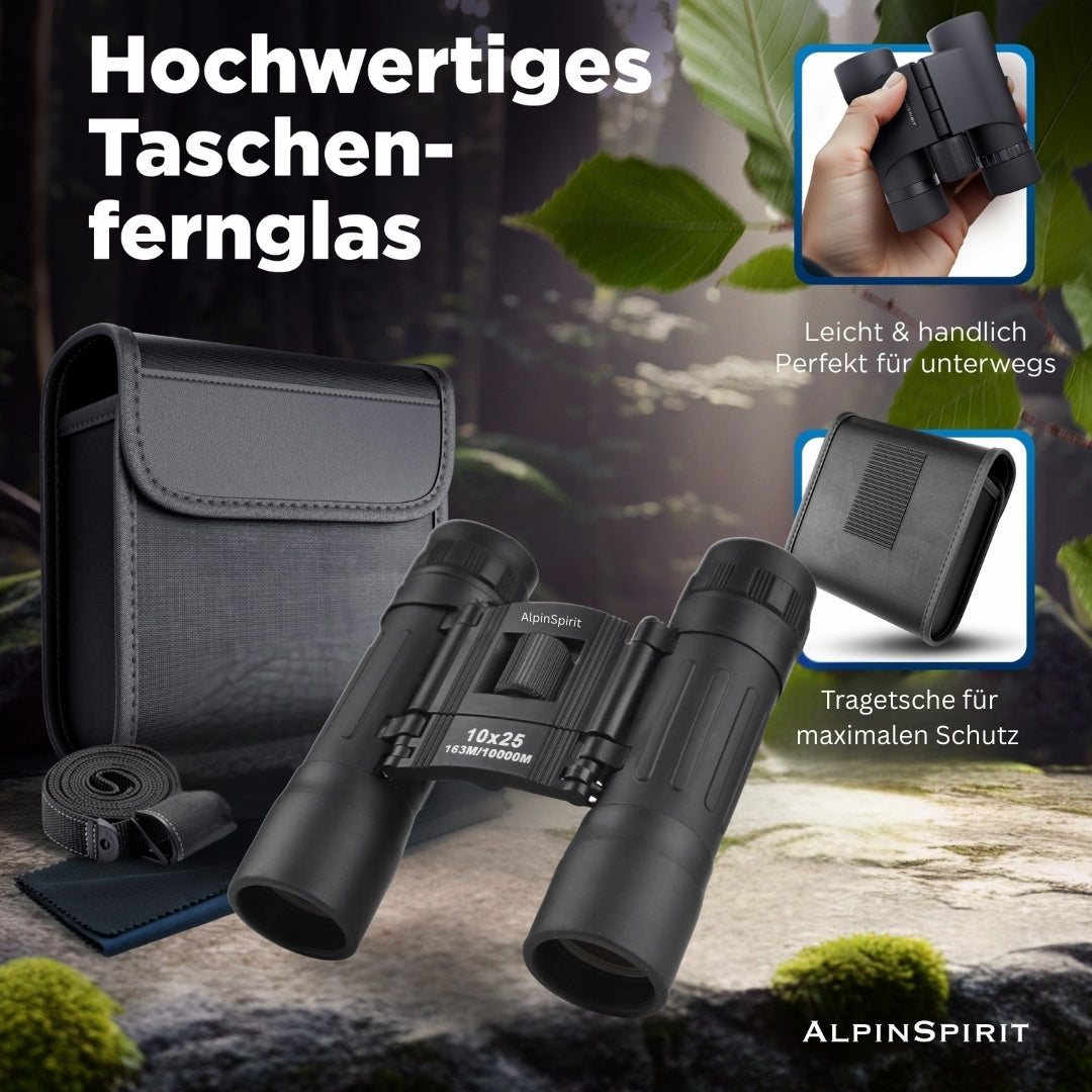 AlpinSpirit Fernglas 10x25 - leicht & kompakt - [EXTREM KLEIN] - TESTSIEGER - Mini Fernglas,für Brillenträger