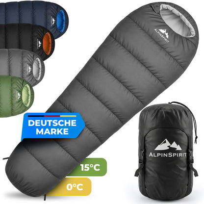 AlpinSpirit Schlafsack [ULTRALEICHT] 3 Jahreszeiten Sommer & Winter, kleines Packmaß, für Outdoor, Camping, Hiking & Festival, Mumienschlafsack