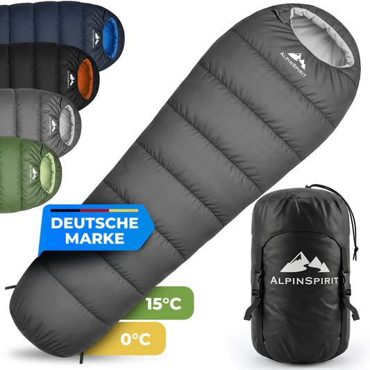 AlpinSpirit Explorer Schlafsack [ULTRALEICHT] 3 Jahreszeiten Sommer & Winter, kleines Packmaß, für Outdoor, Camping, Hiking & Festival, Mumienschlafsack