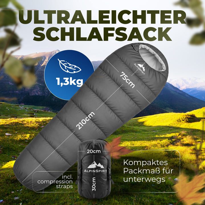 AlpinSpirit Schlafsack [ULTRALEICHT] 3 Jahreszeiten Sommer & Winter, kleines Packmaß, für Outdoor, Camping, Hiking & Festival, Mumienschlafsack