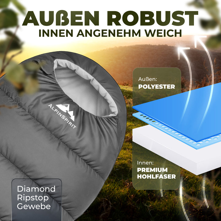 AlpinSpirit Schlafsack [ULTRALEICHT] 3 Jahreszeiten Sommer & Winter, kleines Packmaß, für Outdoor, Camping, Hiking & Festival, Mumienschlafsack