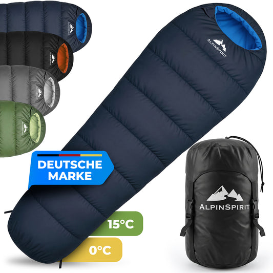 AlpinSpirit Explorer Schlafsack [ULTRALEICHT] 3 Jahreszeiten Sommer & Winter, kleines Packmaß, für Outdoor, Camping, Hiking & Festival, Mumienschlafsack