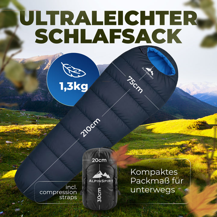 AlpinSpirit Schlafsack [ULTRALEICHT] 3 Jahreszeiten Sommer & Winter, kleines Packmaß, für Outdoor, Camping, Hiking & Festival, Mumienschlafsack
