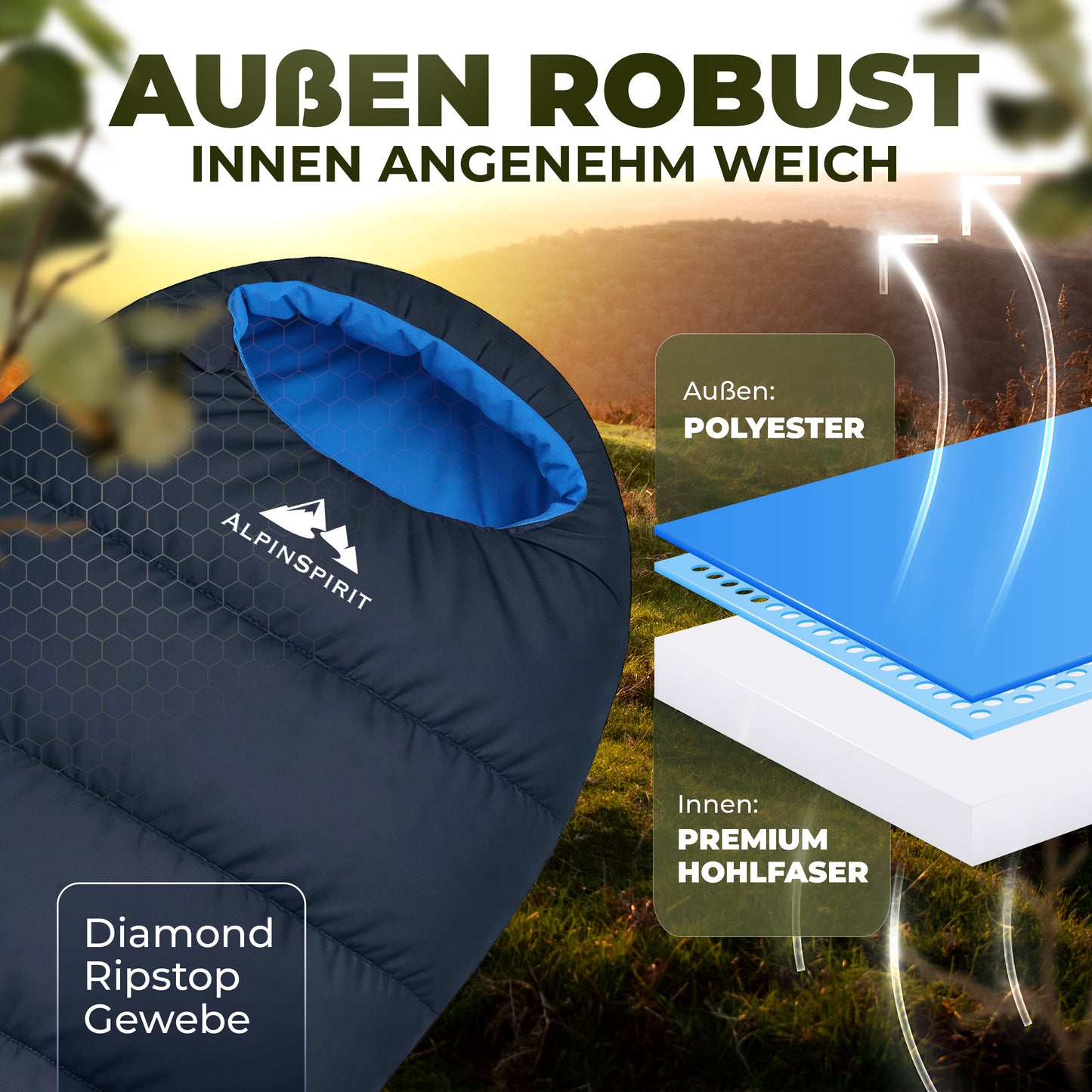 AlpinSpirit Schlafsack [ULTRALEICHT] 3 Jahreszeiten Sommer & Winter, kleines Packmaß, für Outdoor, Camping, Hiking & Festival, Mumienschlafsack
