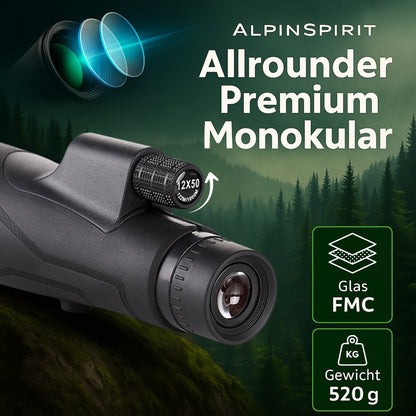 AlpinSpirit Hunter Monokular 12x50 mit Nitrogen, inkl. Handschlaufe [IPX6,FMC & BAK4]