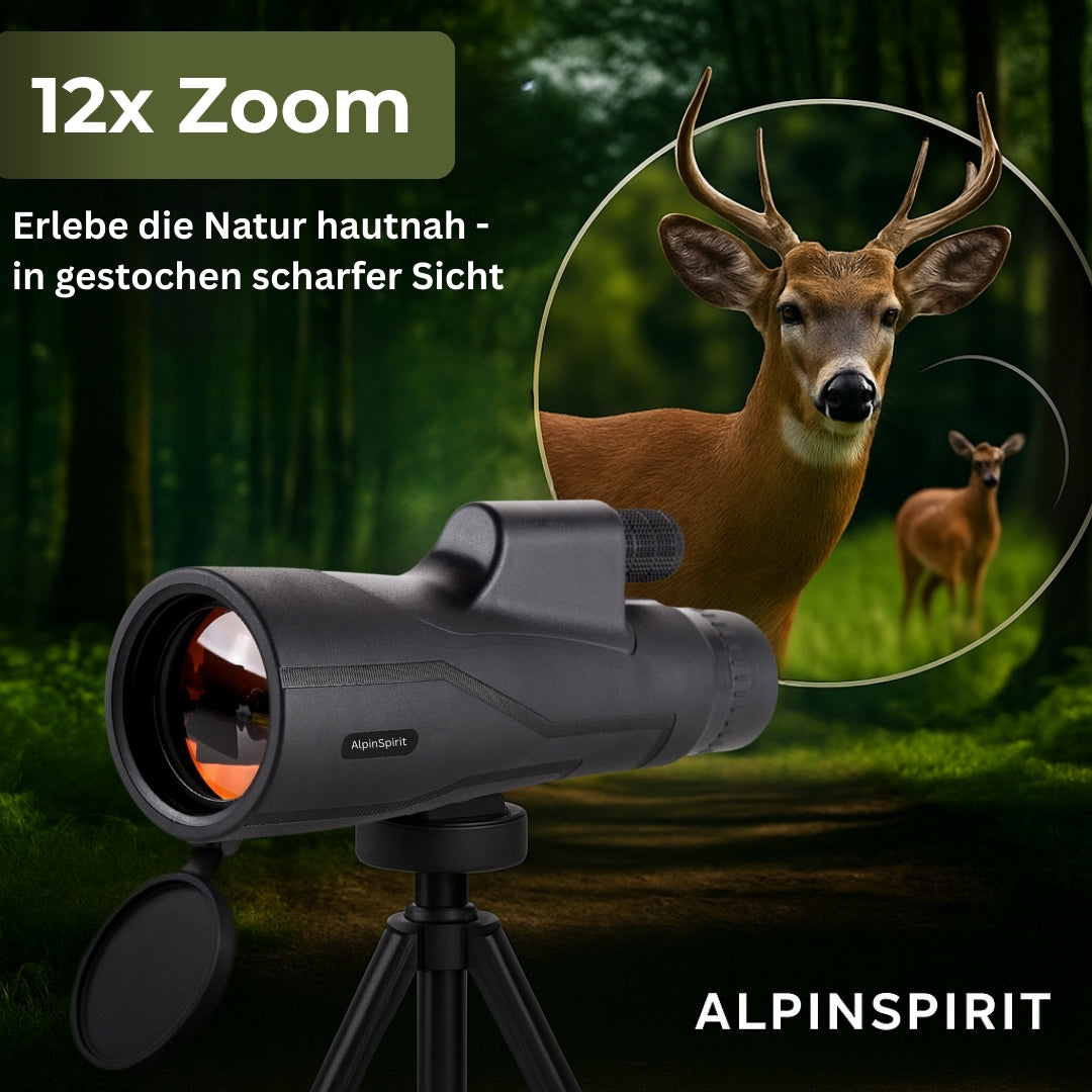 AlpinSpirit Hunter Monokular 12x50 mit Nitrogen, inkl. Handschlaufe [IPX6,FMC & BAK4]