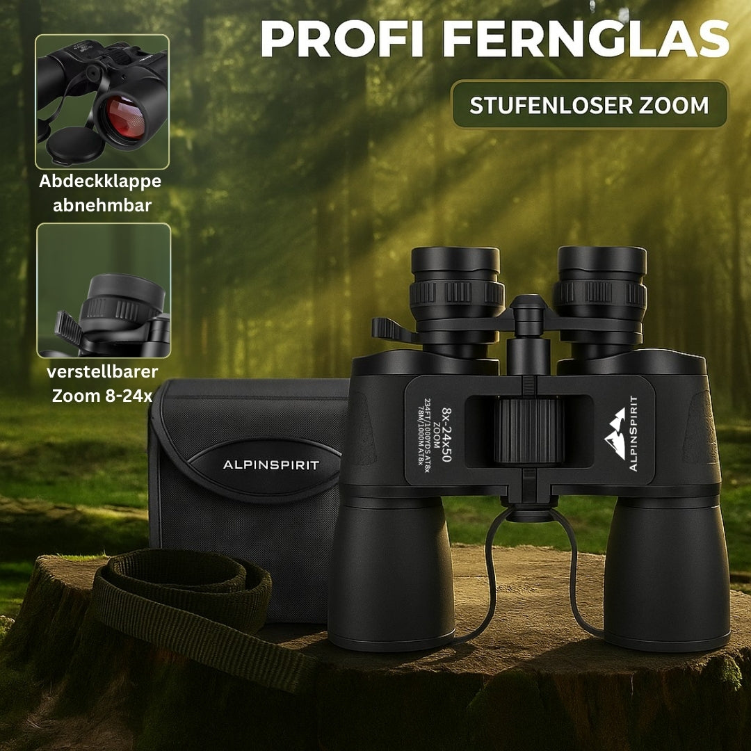 AlpinSpirit "Ranger" 8-24x50 Zoom Fernglas mit IPX4 Wasserschutz - inkl. hochwertige Tasche & Zubehör