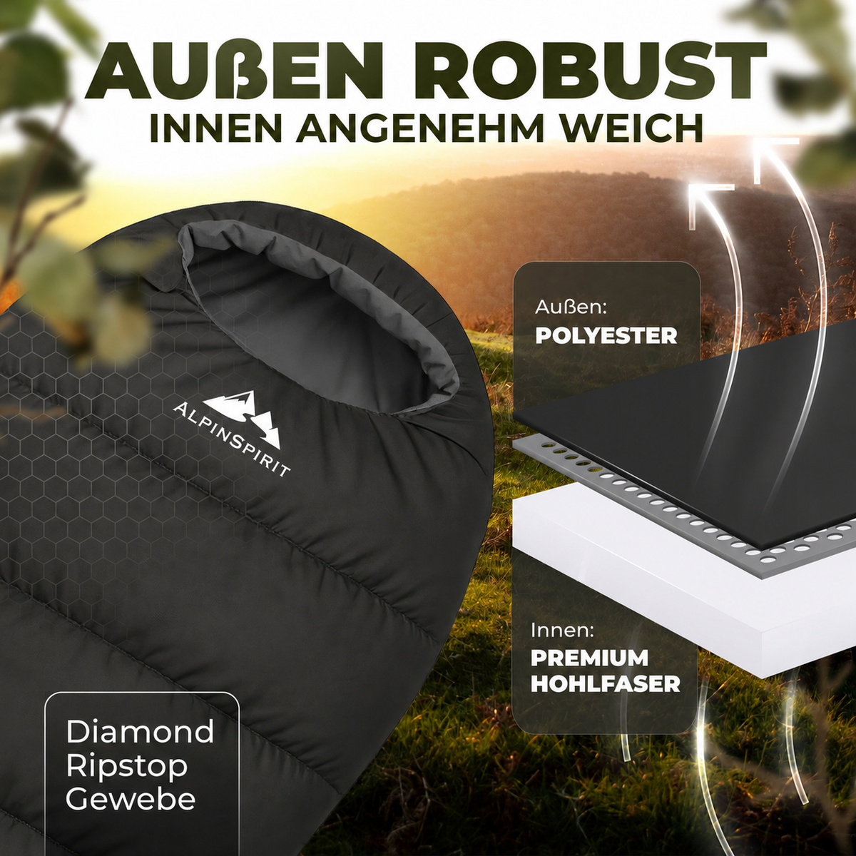 AlpinSpirit Schlafsack [20x30 Packmaß] 3 Jahreszeiten Sommer & Winter,Camping,Festival,Outdoor