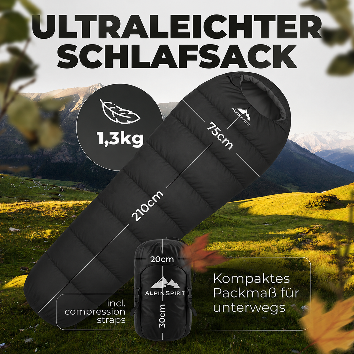 AlpinSpirit Schlafsack [20x30 Packmaß] 3 Jahreszeiten Sommer & Winter,Camping,Festival,Outdoor