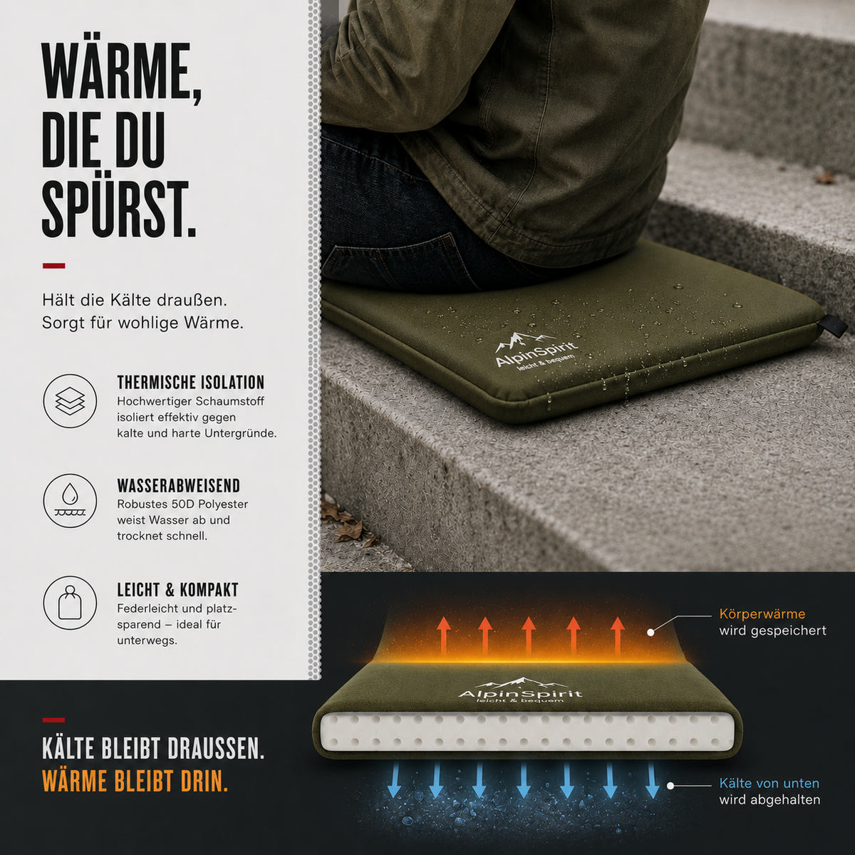 Sitzkissen Outdoor Aufblasbar Polyester [Packmaß & bis 5cm] Selbstaufblasend, Faltbar & Ultraleicht, 40x30 cm