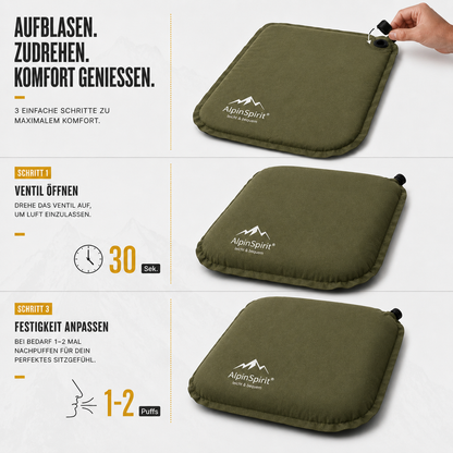 Sitzkissen Outdoor Aufblasbar Polyester [Packmaß & bis 5cm] Selbstaufblasend, Faltbar & Ultraleicht, 40x30 cm