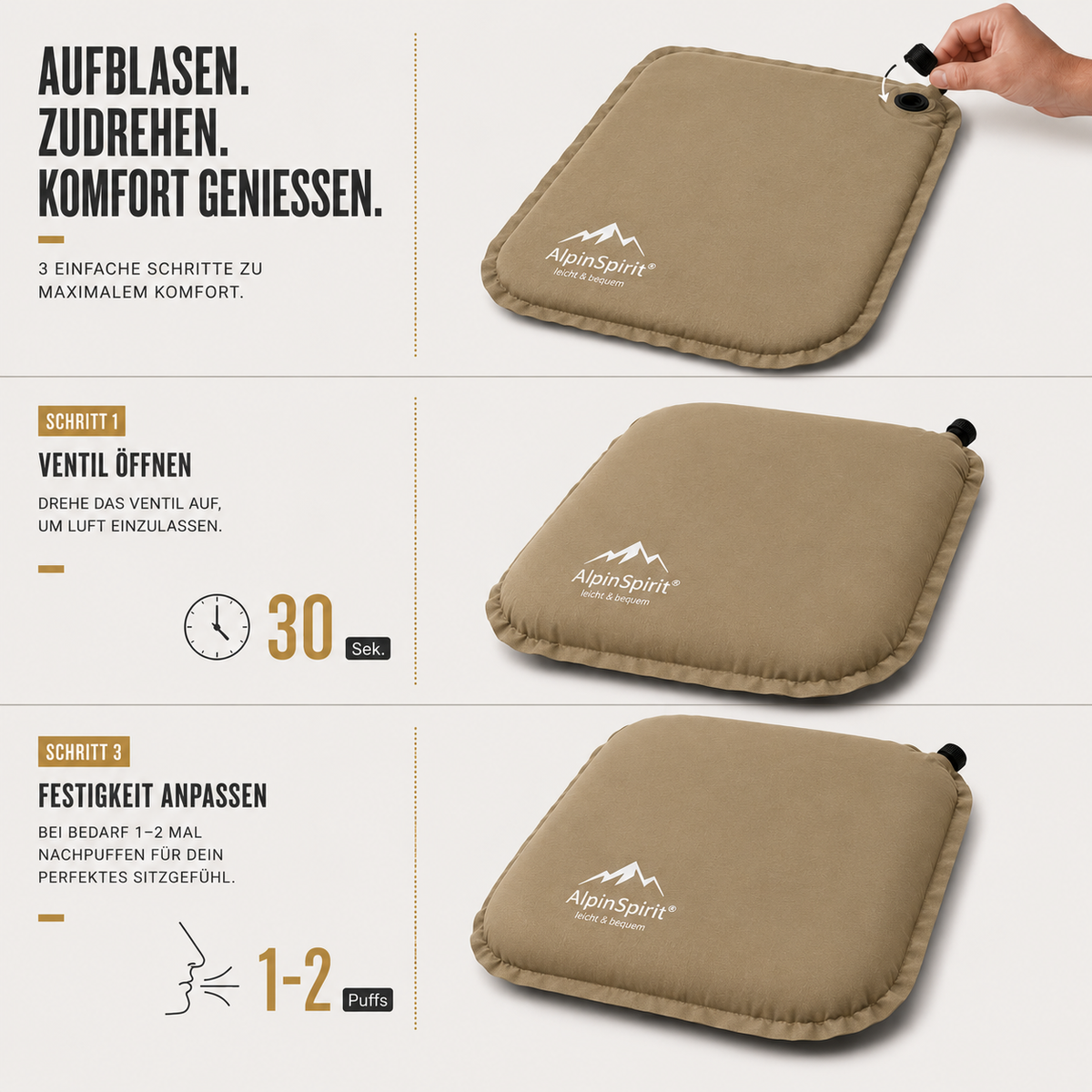 Sitzkissen Outdoor Aufblasbar Polyester [Packmaß & bis 5cm] Selbstaufblasend, Faltbar & Ultraleicht, 40x30 cm