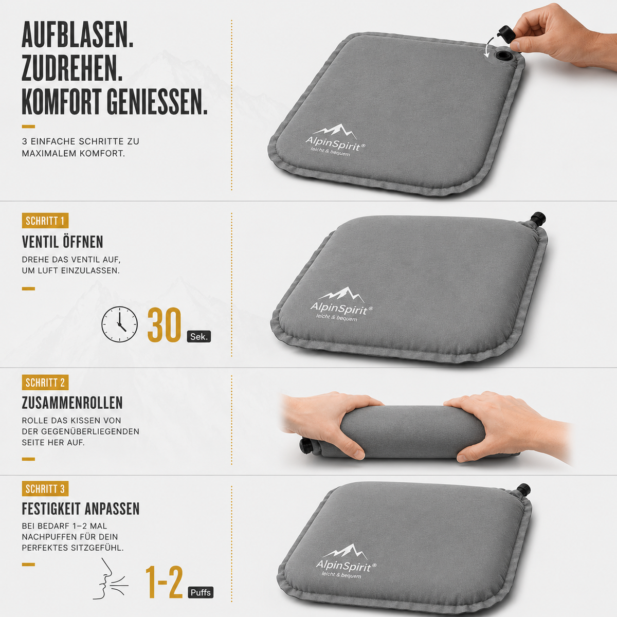 Sitzkissen Outdoor Aufblasbar Polyester [Packmaß & bis 5cm] Selbstaufblasend, Faltbar & Ultraleicht, 40x30 cm