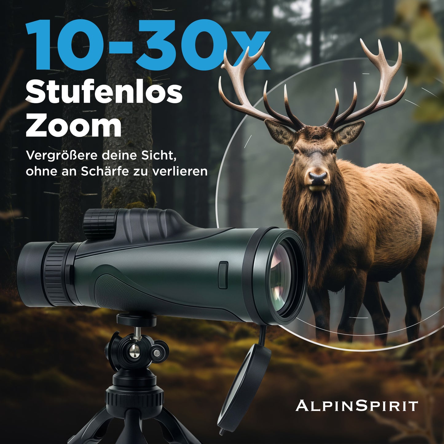 AlpinSpirit Zoom Monokular 10-30x50 mit Stativ & Handschlaufe [IPX4,FMC & BAK4]