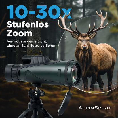 AlpinSpirit Zoom Monokular 10-30x50 mit Stativ & Handschlaufe [IPX4,FMC & BAK4]