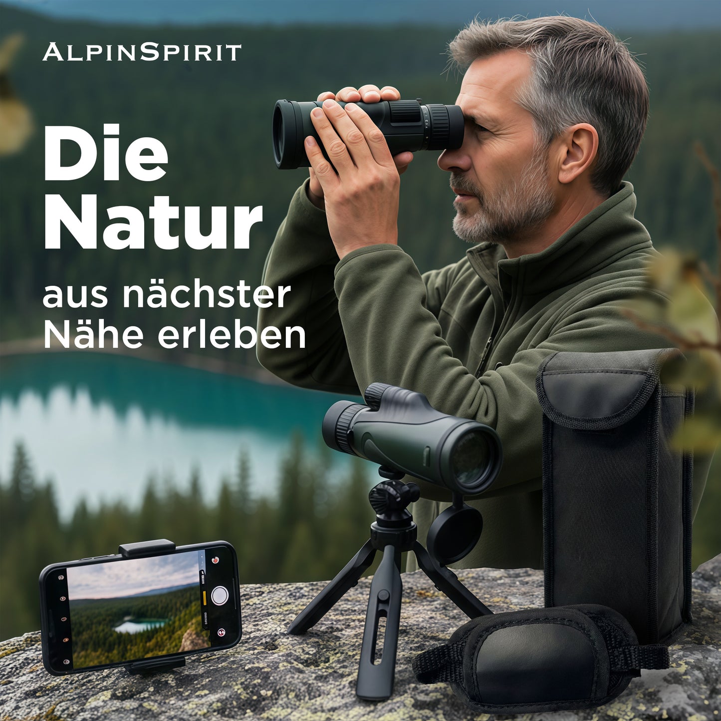 AlpinSpirit Zoom Monokular 10-30x50 mit Stativ & Handschlaufe [IPX4,FMC & BAK4]