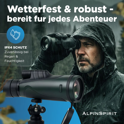 AlpinSpirit Zoom Monokular 10-30x50 mit Stativ & Handschlaufe [IPX4,FMC & BAK4]