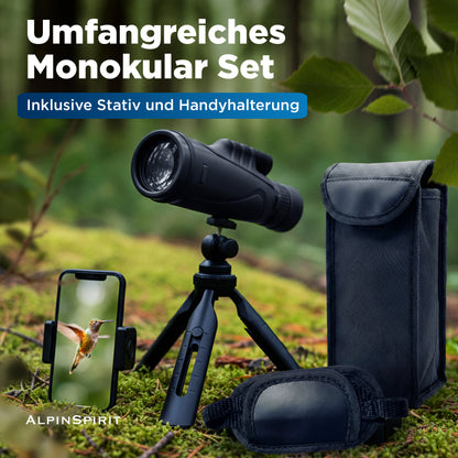 AlpinSpirit Zoom Monokular 10-30x50 mit Stativ & Handschlaufe [IPX4,FMC & BAK4]