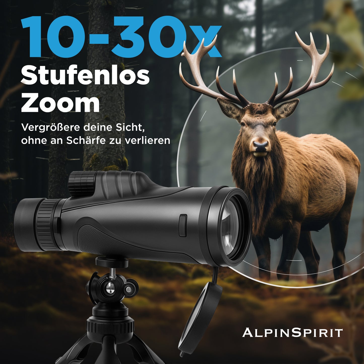 AlpinSpirit Zoom Monokular 10-30x50 mit Stativ & Handschlaufe [IPX4,FMC & BAK4]