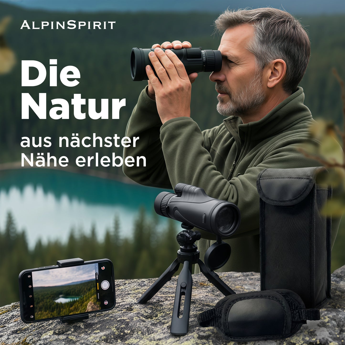 AlpinSpirit Zoom Monokular 10-30x50 mit Stativ & Handschlaufe [IPX4,FMC & BAK4]