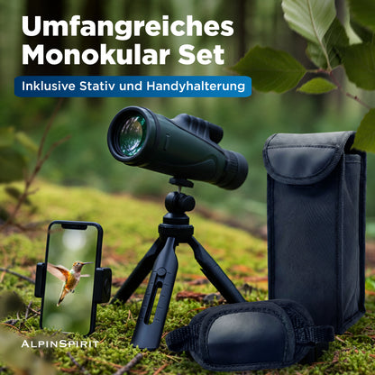 AlpinSpirit Zoom Monokular 10-30x50 mit Stativ & Handschlaufe [IPX4,FMC & BAK4]