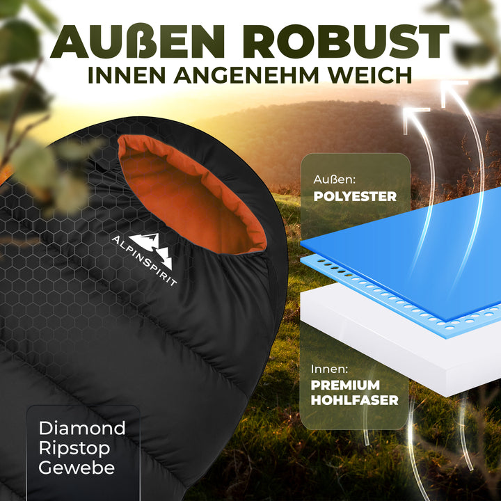 AlpinSpirit Schlafsack [ULTRALEICHT] 3 Jahreszeiten Sommer & Winter, kleines Packmaß, für Outdoor, Camping, Hiking & Festival, Mumienschlafsack
