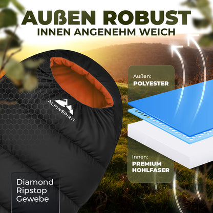 AlpinSpirit Schlafsack [ULTRALEICHT] 3 Jahreszeiten Sommer & Winter, kleines Packmaß, für Outdoor, Camping, Hiking & Festival, Mumienschlafsack