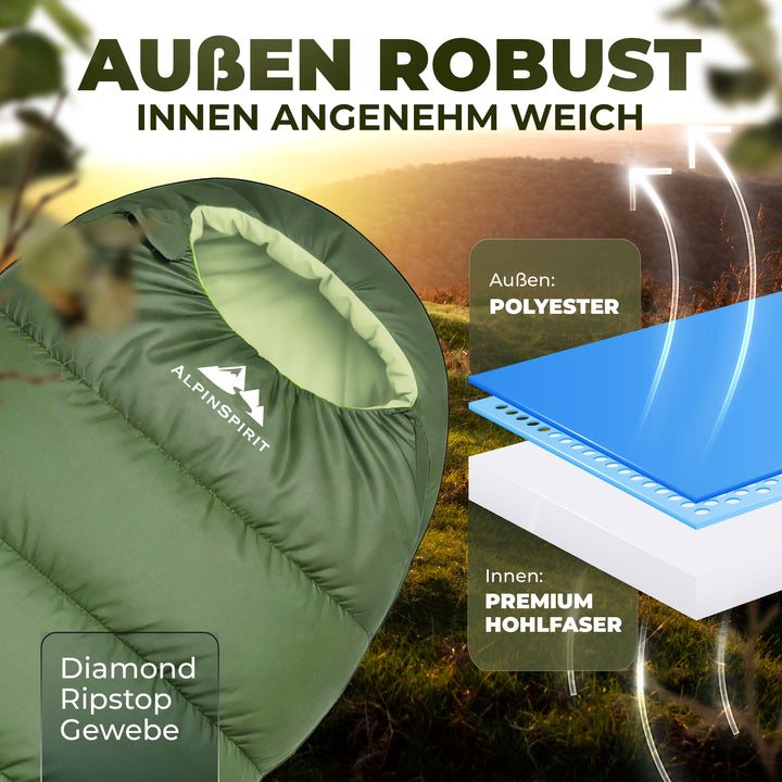 AlpinSpirit Schlafsack [ULTRALEICHT] 3 Jahreszeiten Sommer & Winter, kleines Packmaß, für Outdoor, Camping, Hiking & Festival, Mumienschlafsack