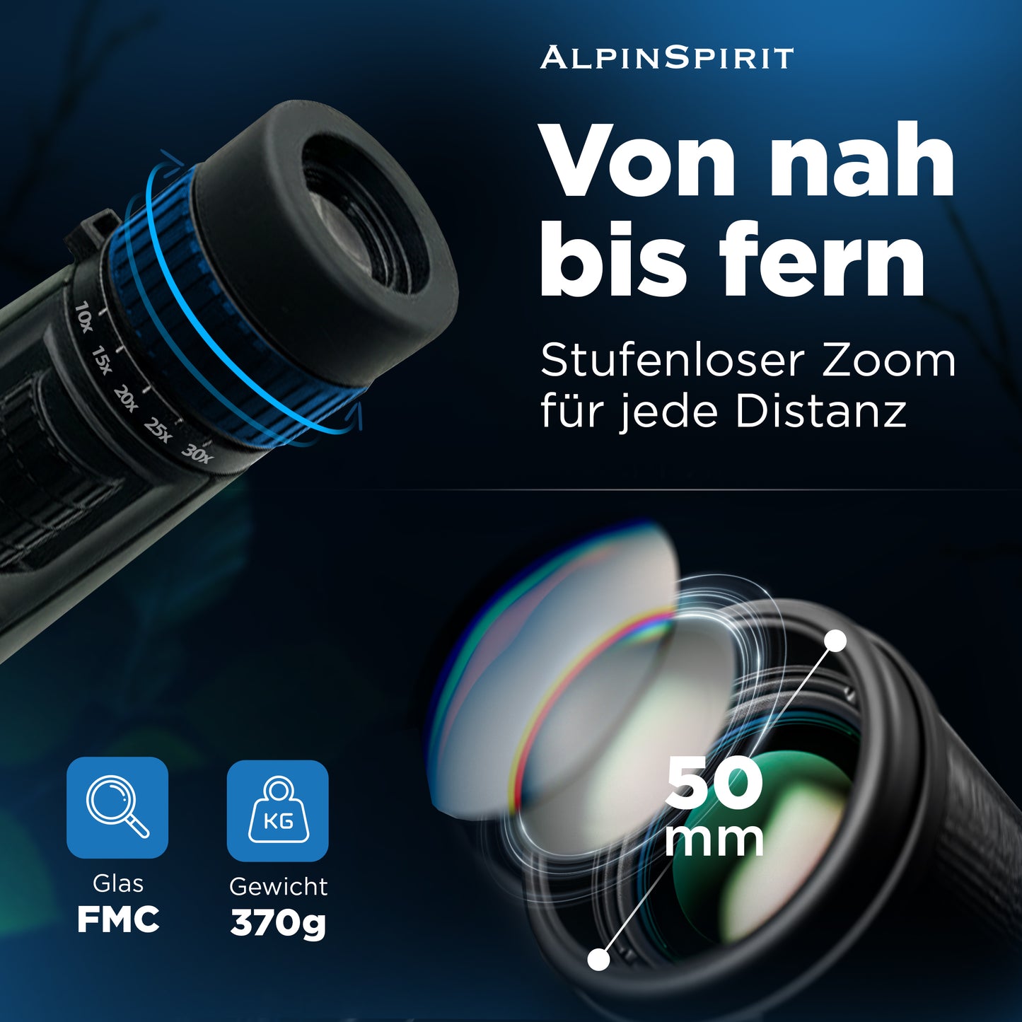 AlpinSpirit Zoom Monokular 10-30x50 mit Stativ & Handschlaufe [IPX4,FMC & BAK4]