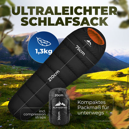 AlpinSpirit Schlafsack [20x30 Packmaß] 3 Jahreszeiten Sommer & Winter,Camping,Festival,Outdoor
