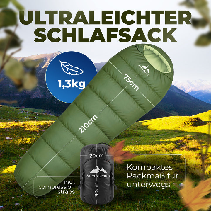 AlpinSpirit Schlafsack [ULTRALEICHT] 3 Jahreszeiten Sommer & Winter, kleines Packmaß, für Outdoor, Camping, Hiking & Festival, Mumienschlafsack