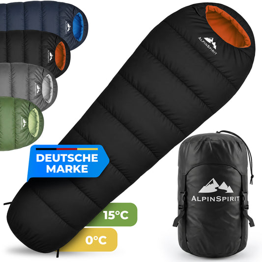 AlpinSpirit Explorer Schlafsack [ULTRALEICHT] 3 Jahreszeiten Sommer & Winter, kleines Packmaß, für Outdoor, Camping, Hiking & Festival, Mumienschlafsack