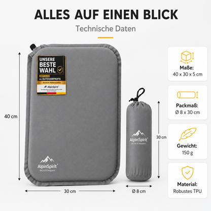 Sitzkissen Outdoor Aufblasbar Polyester [Packmaß & bis 5cm] Selbstaufblasend, Faltbar & Ultraleicht, 40x30 cm