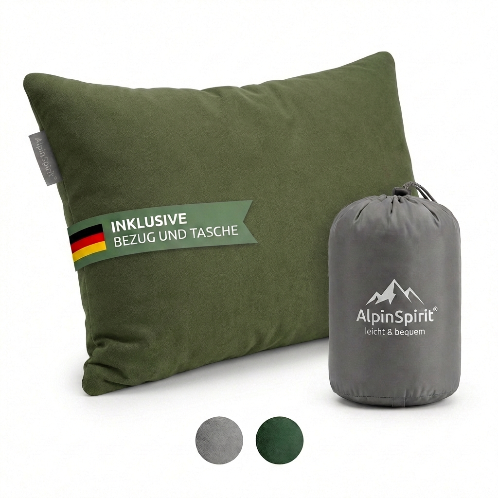AlpinSpirit Camping und Reisekissen [100% Baumwolle] Ultraleichtes Memory Foam Kissen